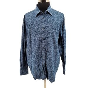 Express Design Studio Mens XL Blue Dot Paisley Button Up Long Sleeve Dress Shirt